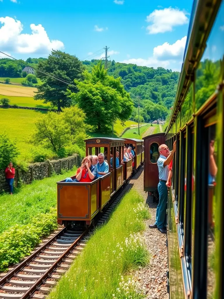 A vibrant image of a heritage train journey through the scenic landscapes of Central Brittany, with passengers enjoying the ride.
