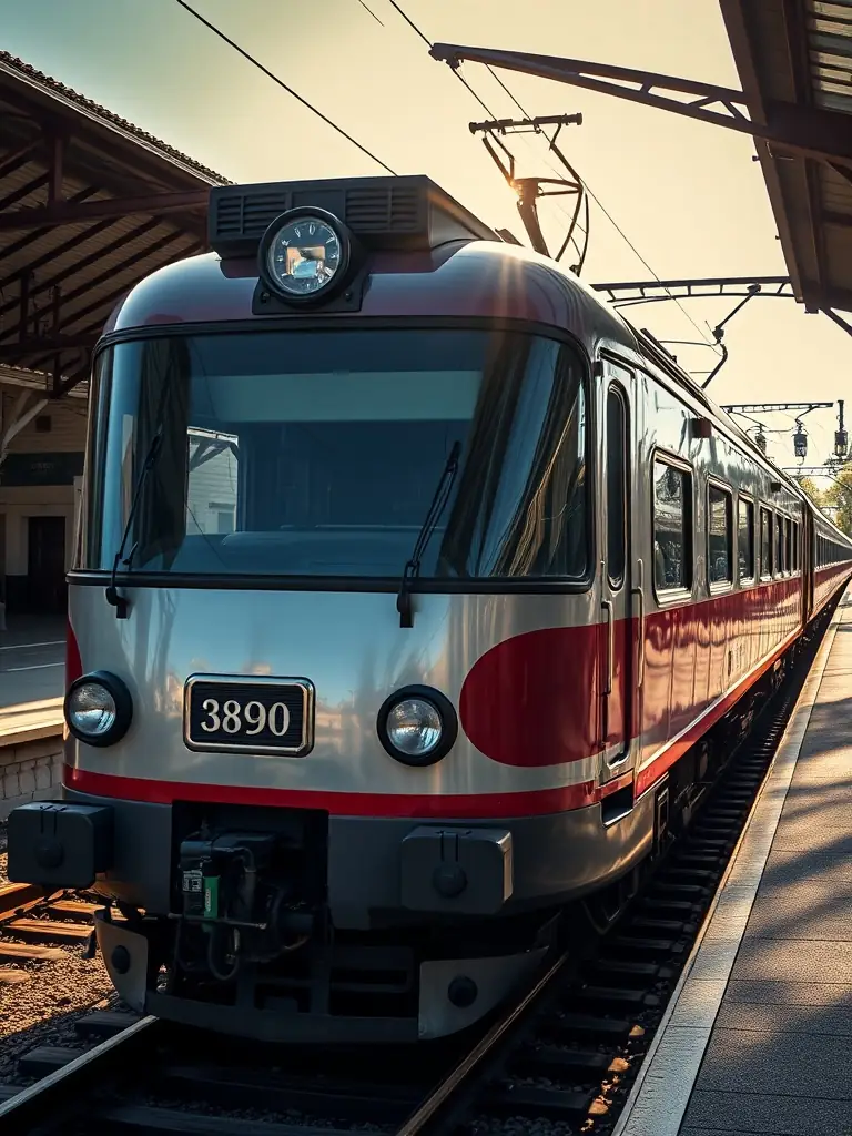 A photograph of the autorail W 3890, freshly restored, gleaming in the sunlight at the Pontivy station, ready for a tourist rail journey.