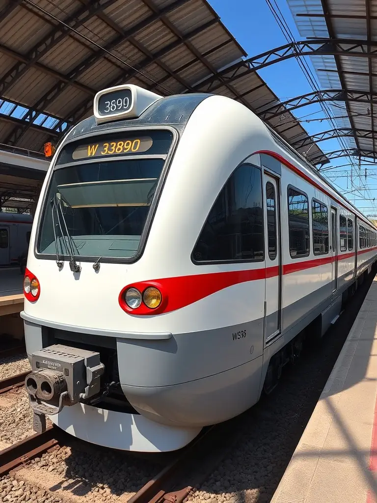 A photograph of the autorail W 3890, freshly restored, gleaming in the sunlight at the Pontivy station, showcasing the meticulous restoration work of CFCB.