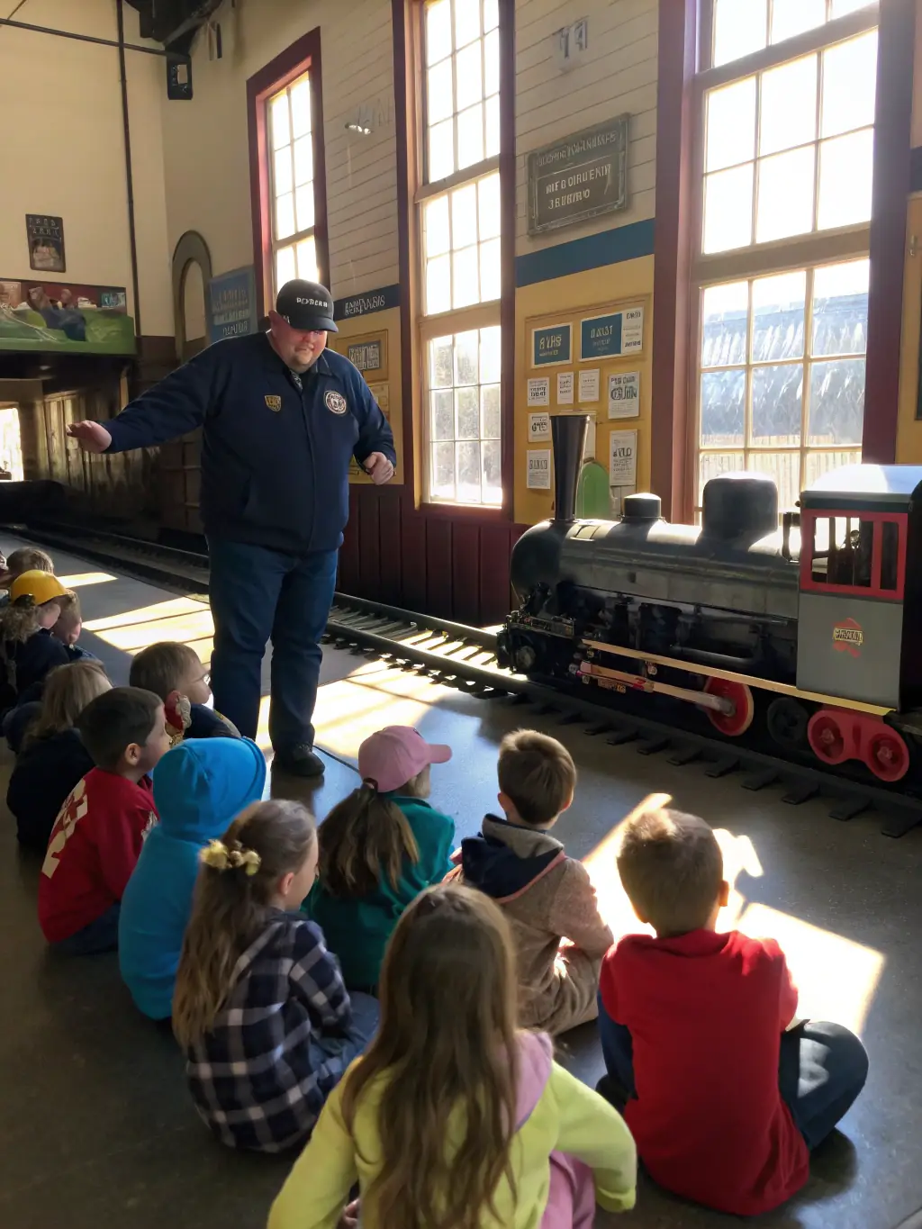 A group of schoolchildren gathered around a railway historian, listening attentively as he explains the history of the railway in Central Brittany.