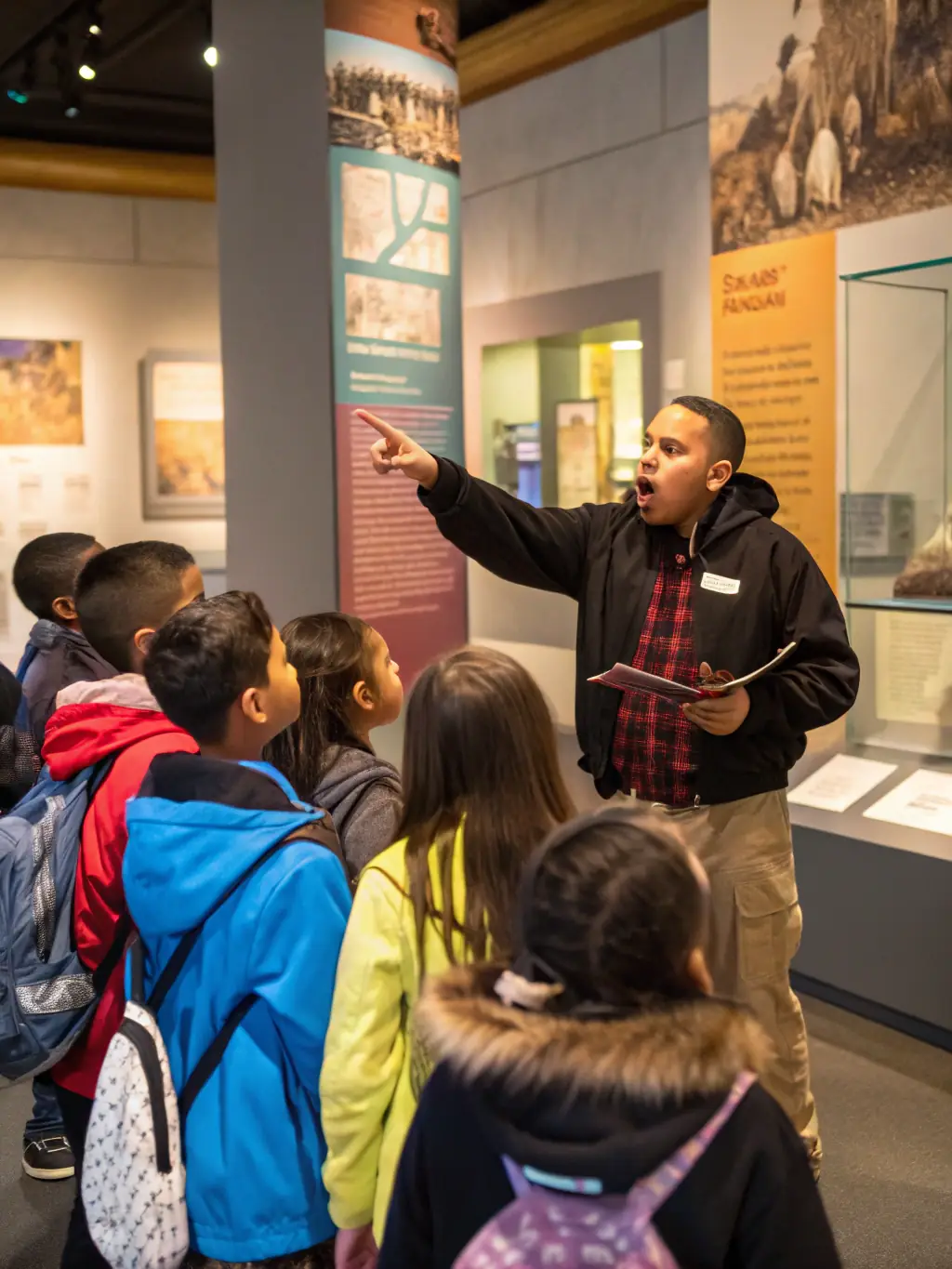 A photograph of a group of students on a guided tour of the railway facilities, learning about the history and technology of trains.