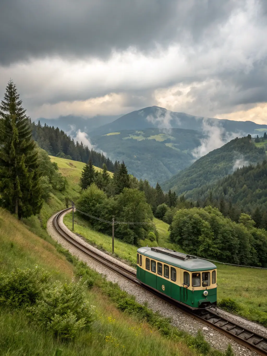 A vibrant image of a heritage train embarking on a tourist rail journey through the picturesque landscapes of Central Brittany.