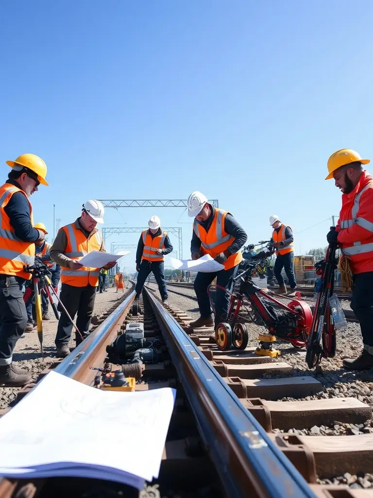 A photograph of volunteers working on the restoration of a section of railway track, with tools and equipment scattered around.