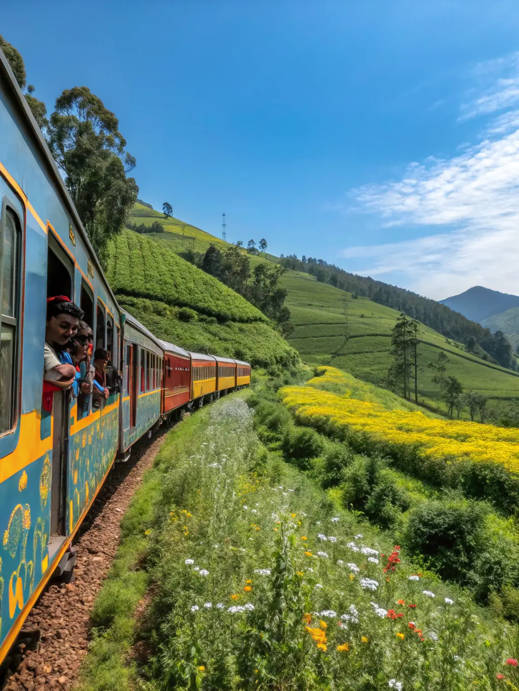A group of tourists waving from the windows of a vintage train as it travels through the scenic countryside of Central Brittany.